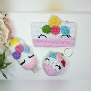 Amigurumi Unicorn Coin Bag, Unicorn Keychain and hand Sanitizer Holder. Crochet